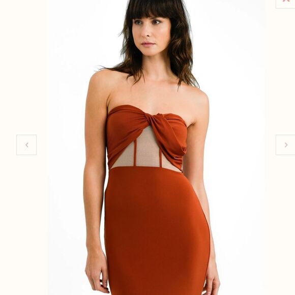 ASOS Tall Drape Twist Front Bandeau Maxi Dress With Invisible Mesh In Rust - Picture 2 of 8